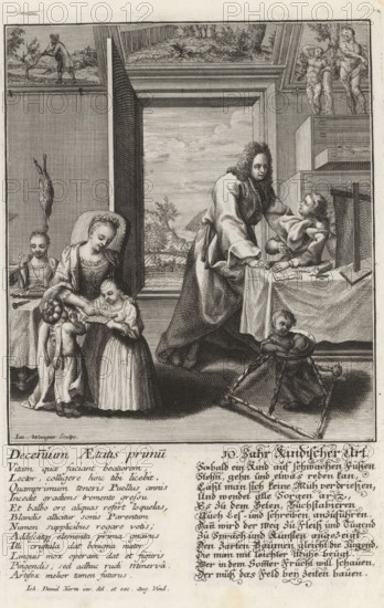 Decenium Aetatis primu, 10. Jahr Kindischer Art, Man at the age of ten, Ten ages of man, Aetatis humanae Gradus, The ages of man, print, album page, In a room on the left, a mother with two children, one of whom is learning to read. Behind them, an embroidering girl. On the right, the father with a boy, standing by a table with a crucifix. In the foreground right, a child in a walker. Through the doorway, a view of a garden. With poems in Latin and German. This print is part of an album., number, watermark, printmaker: Jakob Wangner, Augsburg, after drawing by Johann Daniel Herz (I), c. 1725 - c. 1730, Bavaria, paper, engraving, etching, height 240 mm x width 160 mm, (other forms of) needlework, eg: crocheting, knitting, embroidering, reading, distaff, implements for learning to walk, go-cart, tasks performed by children - AA - girl, 0-10 years, An interior scene rendered in detailed black and white lines shows a room with a large open window revealing a landscape with trees and a dist...