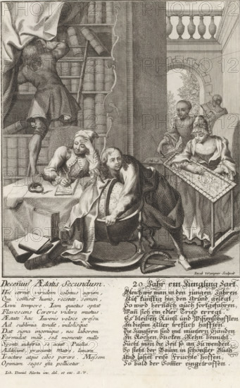 Deceniu Aetatis Secundum, 20. Jahr ein Jüngling zart, Man at twenty years of age, Aetatis humanae Gradus, Die Stuffen des Menschliche Alters, Ten ages of man, print, album page, In a room on the left studying young men (one writing, one looking at a globe and one standing by a bookcase). On the right a young woman embroidering. With poems in Latin and German. This print is part of an album., number, watermark, printmaker: Jakob Wangner, Augsburg, after drawing by Johann Daniel Herz (I), c. 1725 - c. 1730, Bavaria, paper, engraving, etching, height 240 mm x width 160 mm, study, 'studiolo', library, (other forms of) needlework, eg: crocheting, knitting, embroidering, reading, globe, 10-20 years, An interior scene rendered in detailed linework shows a room with tall bookshelves filled with volumes and a ladder against them, a draped curtain partially covering the upper shelves, and a man climbing to reach a book; in the foreground a seated man with a cap rests his head on his hand while w...