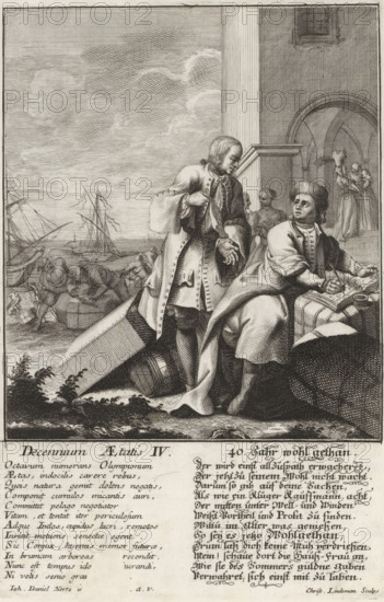 Decennium Aetatis IV, 40. Jahr wohl gethan, Man at the age of forty, Aetatis humanae Gradus, Die Stuffen des Menschliche Alters, Ten ages of man, print, album page, Two merchants by packs and crates in the harbor, one of them making notes on a sheet of paper. In the background, crates are being transported. With poems in Latin and German. This print is part of an album., number, watermark, printmaker: Christian Philipp Lindemann, Augsburg, after drawing by Johann Daniel Herz (I), c. 1725 - c. 1730, Bavaria, paper, engraving, etching, height 240 mm x width 160 mm, merchant, salesman, harbour, 30-40 years, A detailed black and white engraving shows a coastal scene with two men in the foreground near a stone building; one man stands wearing a long coat with decorative buttons and gestures with one hand while holding a hat in the other, looking toward the seated man who is at a table covered with cloth and appears to be engaged with papers and an inkwell, dressed in layered garments and a ...