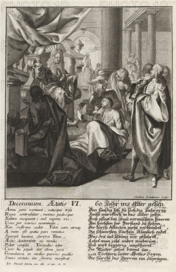 Decennium Aetatis VI, 60. Jahr ins Alter gehen, Man at the age of sixty, Aetatis humanae Gradus, Die Stuffen des Menschliche Alters, Ten ages of man, print, album page, An elderly man addresses a group of listeners in a didactic tone. On the right in the foreground, a sick man. With poems in Latin and German. This print is part of an album., number, watermark, printmaker: Christian Philipp Lindemann, Augsburg, after drawing by Johann Daniel Herz (I), c. 1725 - c. 1730, Bavaria, paper, engraving, etching, height 240 mm x width 160 mm, 50-60 years, A detailed black and white engraving shows a classical interior with tall columns and an elevated throne area partially covered by a draped canopy. A seated figure wearing an ornate robe and a large curled wig or headpiece gestures with one hand while holding a small object in the other. Around the throne are several standing and seated men in period clothing with long coats and wigs, some leaning forward and looking toward the seated figure, ...