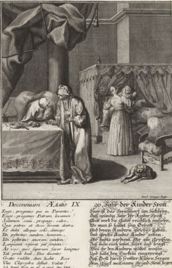 Man at the age of ninety, Decennium Aetatis IX, 90. Jahr der Kinder Spott, Ten ages of man, Aetatis humanae Gradus, Die Stuffen des Menschliche Alters, print, album page, An old man with a beard sits at a table with eating utensils. He is being assisted by a woman. In the background on the right, an old woman in a four-poster bed. With poems in Latin and German. This print is part of an album., number, watermark, printmaker: Jakob Wangner, Augsburg, after drawing by Johann Daniel Herz (I), c. 1725 - c. 1730, Bavaria, paper, engraving, etching, height 240 mm x width 160 mm, 80-90 years, A monochrome engraving showing an interior scene with draped fabric hanging from the ceiling and a large column near the center, a table covered with a cloth on the left with a bowl and utensils on it, an older bearded man leaning over the table and another man in a robe beside him holding a cup, a curtained bed or canopy in the background with a woman standing nearby tending to a seated figure under the...
