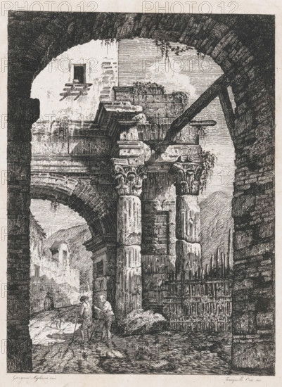 Ancient ruins and travelers on a path, print, Ruin of an ancient gate with Corinthian columns. On the path passing under the gate, two travelers with two dogs. In the background, a mountainous landscape. The whole is framed by a second gate in the foreground., printmaker: Tranquillo Orsi, Italy, after design by Giovanni Migliara, 1795 - c. 1845, paper, etching, height 276 mm x width 211 mm, landscape with ruins, 'en route', traveller under way, Corinthian order, architecture, An ink illustration shows a ruined stone structure framed by a large archway, with weathered columns topped by ornate capitals and stacked masonry above them; a wooden beam rests across the upper stones and vines hang down from crevices. In the foreground two men stand with walking sticks near a rough stone path strewn with debris and small rocks, while a small dog trots nearby. Beyond the columns, a gated area of wooden stakes and a piled bundle of material sit against the wall, and further back an arched passage...