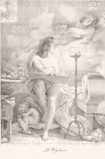 Diligent artist, Le Vigilant, print, printmaker: Pierre Narcisse Guérin, printer (person): Gottfried Engelmann, Paris, 1816, printer (person), paper, chalk lithograph, height 363 mm x width 277 mm, draughtsman at work, Alertness, Vigilance, 'Guardia', 'Vigilanza', 'Vigilanza per difendersi & oppugnare altri' (Ripa) (strife between concepts), A seated young man with curly hair and a draped cloth across his lap looks upward while holding a drawing board and stylus, one arm outstretched toward a reclining female figure floating on clouds who holds a staff and flowers; a tall ornate lampstand with a lit flame stands beside them, a small curled child rests at the man's feet near scattered scrolls and a table with objects including a cup, and a rooster silhouette appears in a distant window.