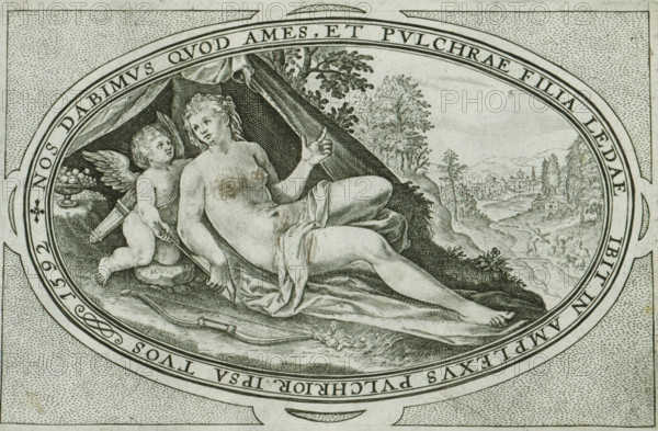 Venus, Gods and goddesses involved in the Judgment of Paris, print, album page, Landscape with Venus and her companion Cupid. In the frame, a Latin inscription referring to the role Venus played in the Judgment of Paris. She is one of the three goddesses whom Paris had to judge. She promised to reward Paris with the love of any woman he chose. This print is part of an album., printmaker: Crispijn van de Passe (I), Cologne, 1592, 1635 - 1660, North Rhine-Westphalia, paper, engraving, height 94 mm x width 142 mm, The print has been cleaned with a pen. In the past, someone scratched the cross and breasts of Venus with a pen., (story of) Venus (Aphrodite), An oval engraving shows a reclining nude woman draped with a cloth, her body turned slightly with one arm raised and the other resting near her thigh, her hair loose and wavy. Beside her is a winged cherub holding an arrow and a quiver, looking toward the woman. Behind them a tent-like drapery forms a dark backdrop, and to the right a la...