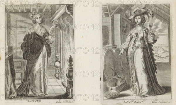 L Hiver, Winter, The Four Seasons, print, album page, A warmly dressed woman stands with a fan in her hand by a burning fireplace in a room. She is the personification of the season of winter. This print is part of an album., publisher: Maria Cnobbaert, Antwerp, 1637 - 1671, printmaker, paper, engraving, gravure, height 97 mm x width 69 mm, 'Hyems', 'Inverno' (Ripa), Two full-length engraved figures stand in separate interior panels side by side, each wearing long ornate gowns with fur or lace trims and elaborate curled hairstyles. The left figure holds a round fan and a long stamen-like object, stands on a tiled floor before a carved balustrade and a fireplace with smoke, and wears a dark outer cloak draped to the floor. The right figure raises a cup in one hand and points with the other, wears a decorative hat with large feathers and a gown adorned with floral motifs, and stands before stacked barrels and tubs with a bowl of round fruit at the base and a landscape visible through an ...