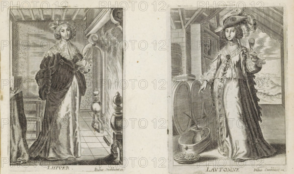 L Autumn, Autumn, The Four Seasons, print, album page, A woman with a feathered hat on her head stands with a glass of wine in her hand in a barn with wine barrels. She points to a bowl with a bunch of grapes. She is the personification of the season of autumn. This print is part of an album., publisher: Maria Cnobbaert, Antwerp, 1637 - 1671, printmaker, paper, engraving, gravure, height 99 mm x width 71 mm, fall, 'Autumnus', 'Autunno' (Ripa), A black and white engraved image divided into two vertical panels showing two standing women in long flowing dresses and ornate outer garments. The left panel features a woman wearing a heavy fur-edged cloak and a high-collared underdress, holding a fan near her chest, standing on a tiled floor beside a carved balustrade and architectural molding, with wooden beams overhead and drapery at the left edge. The right panel shows a woman wearing a decorated gown and a wide feathered hat, holding a small goblet in one hand and gesturing with the other,...
