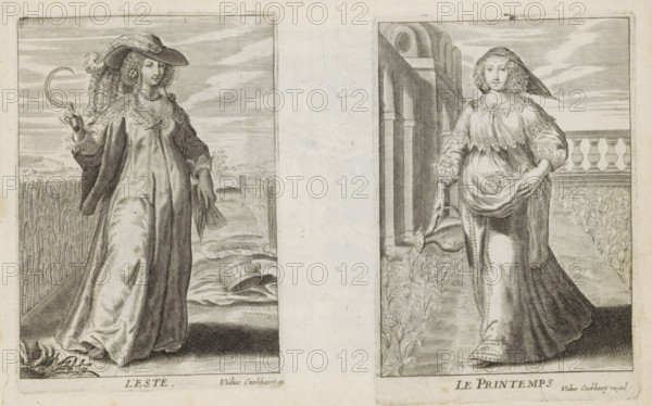 L' Este, Summer, The Four Seasons, print, album page, A richly dressed woman with a feathered hat on her head stands in a cornfield with a sickle in her right hand and a fan in her left hand. She is the personification of the season of summer. This print is part of an album., publisher: Maria Cnobbaert, Antwerp, 1637 - 1671, Maria Cnobbaert, printmaker, publisher, paper, engraving, gravure, height 99 mm x width 70 mm, summer, 'Aestas', 'Estate' (Ripa), A grayscale engraving showing two female figures in separate rectangular panels separated by a blank vertical space; the left panel depicts a woman standing in a field wearing a long flowing dress and a wide-brimmed hat with feathers, holding a curved sickle in one hand and a sheaf of grain in the other, with tall crops behind her and a fallen bucket on the ground near water; the right panel shows a woman in a long dress with puffed sleeves and a headscarf, holding a watering can tipped toward plants, standing beside an architectural bal...