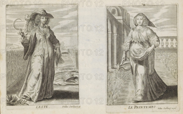 Spring, Le Printemps, The Four Seasons, print, album page, A richly dressed woman with picked flowers in her dress is watering flowers with a watering can in a walled garden. She is the personification of the season of spring. This print is part of an album., publisher: Maria Cnobbaert, Antwerp, 1637 - 1671, printmaker, paper, engraving, height 102 mm x width 70 mm, 'Ver', 'Primavera' (Ripa), Two engraved panels side by side depict women standing in detailed outdoor settings. On the left, a woman wears a long flowing dress with a wide-brimmed feathered hat and holds a curved tool in one hand while a bundle or sheaf hangs from her other hand; she stands before a field of tall crops with a small body of water and a fallen wooden bucket at her feet. On the right, a woman in a long dress with lace details and a headscarf holds a watering vessel tipped toward the ground and gathers part of her skirt with the other hand; she stands on a planted garden plot beside an architectural balustrade ...