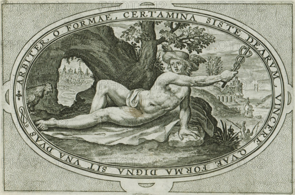 Mercury, Gods and goddesses involved in the Judgment of Paris, print, album page, Landscape with Mercury and his attribute the rooster. Roosters usually pull Mercury's chariot. Mercury wears his winged helmet, the Petasus. In his hand he holds the caduceus. In the frame, a Latin inscription referring to the role Mercury played in the Judgment of Paris. Mercury brings the goddesses to Paris and acts as an intermediary. This print is part of an album., printmaker: Crispijn van de Passe (I), Cologne, 1592, 1635 - 1660, Crispijn van de Passe (I), printmaker, North Rhine-Westphalia, paper, engraving, height 95 mm x width 140 mm, The print has been cleaned with a pen. In the past, someone scratched the cross of Mercury with a pen., (story of) Mercury (Hermes), An oval engraving shows a reclining nude male figure wearing a winged cap and a draped cloth at his waist, lying on a rocky foreground with one arm extended holding a staff entwined by serpents and the other supporting his torso; behin...