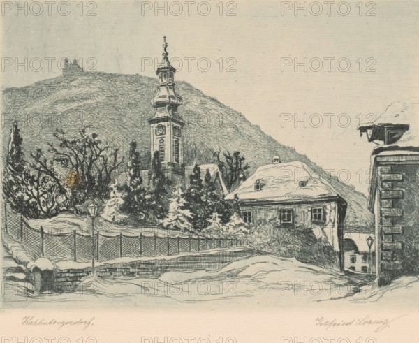 Kahlenbergerdorf (original title on object), print, View of Kahlenbergerdorf: church, house and fence. Hill in background., printmaker: Gottfried Lorenz (signed by artist), 1880 - 1928, paper, etching, intaglio printmaking technique, height 138 mm x width 170 mm, village, Vienna, Lower Austria, A detailed line drawing shows a snow-covered village scene with a tall ornate church tower rising in front of a tree-covered hillside, houses with sloping snow-laden roofs, leafless and evergreen trees clustered near the buildings, a fenced area and a lamppost in the foreground, a winding snow-covered street leading between the buildings, and a distant structure perched atop the hill.