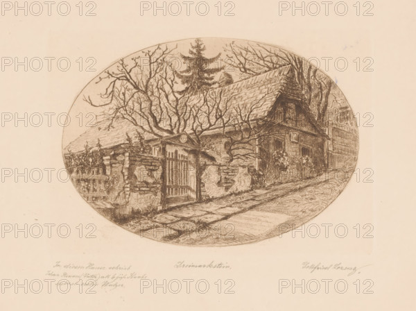 Dreimarkstein (original title on object), print, Low house in a sloping street., annotation: 'In this house ...', printmaker: Gottfried Lorenz (signed by artist), 1870 - 1928, paper, etching, intaglio printmaking technique, etching with plate tone, print in brown, height 138 mm x width 200 mm, rural housing, eg country-house, villa, cottage, low hill country, An oval sepia-toned drawing shows a rustic scene with a sloped roofed house behind a stone and wooden gate surrounded by bare-branched trees and climbing vines, a tall conifer rising behind the roof, a textured path or road leading past the gate toward the house, stone walls and a wooden fence flanking the entrance, detailed roof shingles and timber framing on the building, and foliage and shrubbery near the house, all rendered with fine cross-hatched lines on a pale background.