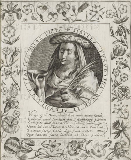 Tiburtine Sibyl, Imagini Gentilissime delle dodici Sibille, print, album page, Series number, 10, 12, Bust of the Tiburtine Sibyl. In her right hand she holds a bowl and in her left hand a palm branch. The depiction is enclosed in a medallion with a Latin inscription around the edge. Below the depiction is a six-line caption in Latin. Surrounded by a frame with flowers, including an iris. Print is part of an album., number: '46', printmaker: Pietro Paolo Tozzi, Padua, after print by Crispijn van de Passe (I), after design by Crispijn van de Passe (I), 1601 - 1627, after print by, paper, engraving, height 208 mm x width 171 mm, flowers, sibyls (with NAME), A detailed engraved portrait of a woman is centered inside an oval frame, showing her with closed eyes, long wavy hair, a head covering with a woven band, and draped clothing; she holds a shallow bowl in one hand and a sprig of long narrow leaves in the other, while a background of fine crosshatching fills the oval. Surrounding the ce...