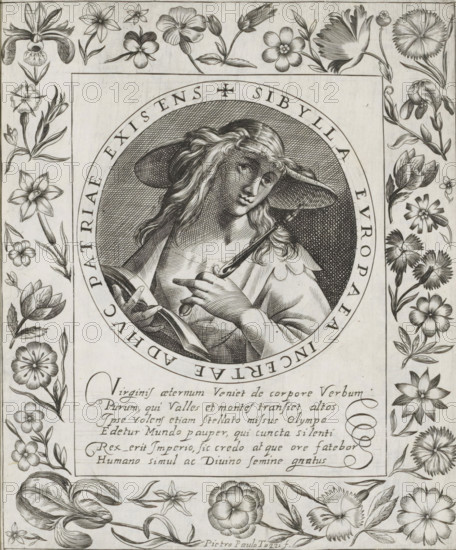 European Sibyl, Imagini Gentilissime delle dodici Sibille, print, album page, Bust of the European Sibyl. In her left hand she holds an open book and in her right hand a scepter. The depiction is enclosed in a medallion with a Latin inscription around the edge. Below the depiction is a six-line caption in Latin. Surrounded by a frame with flowers, including an iris in the lower left corner. Print is part of an album., number: '51.', printmaker: Pietro Paolo Tozzi, Padua, after print by Crispijn van de Passe (I), after design by Crispijn van de Passe (I), 1601 - 1627, after print by, paper, engraving, gravure, height 207 mm x width 172 mm, flowers, sibyls (with NAME), A detailed black and white engraving shows a circular portrait of a young person with long wavy hair wearing a wide-brimmed hat and a crown of leaves, holding a slender rod and an open book, set inside a bordered oval with decorative text around its edge; the portrait is surrounded by a rectangular frame filled with finely...