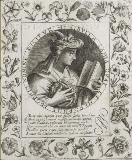 Sibyl of Samos, Imagini Gentilissime delle dodici Sibyl, print, album page, Bust of the Sibyl of Samos. In her right hand she holds a crown of thorns and in her left hand an open book. The depiction is enclosed in a medallion with a Latin inscription around the edge. Below the depiction is a six-line caption in Latin. Surrounded by a frame with flowers, including columbine and strawberry. Print is part of an album., number: '55.', printmaker: Pietro Paolo Tozzi, Padua, after print by Crispijn van de Passe (I), after design by Crispijn van de Passe (I), 1601 - 1627, after print by, paper, engraving, gravure, height 207 mm x width 172 mm, flowers, Samian sibyl, A detailed black and white engraving shows a circular portrait of a robed woman in profile holding a wreath and an open book, her hair covered by a draped headdress and a small crown, set against a densely hatched oval background and framed by a rectangular border. Surrounding the central portrait are numerous finely drawn botanic...