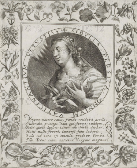 Persian Sibyl, Imagini Gentilissime delle dodici Sibille, print, album page, Series number, 1, 12, Bust of the Persian Sibyl. In her right hand she holds an open book and her left hand is held against her chest. Below the image is a six-line caption in Latin. Surrounded by a frame with flowers, including iris, sweet william, and columbine. Print is part of an album., number: '47', printmaker: Pietro Paolo Tozzi, Padua, after print by Crispijn van de Passe (I), after design by Crispijn van de Passe (I), 1601 - 1627, after print by, paper, engraving, height 208 mm x width 174 mm, flowers, A black and white engraved image showing a central circular portrait of a woman with long wavy hair wearing a headband and a draped garment, holding a book and touching her chest, surrounded by a circular border with engraved letters, all set within a rectangular frame. The rectangular frame is decorated on all sides with detailed floral and botanical engravings, including various flowers, buds, leaves,...