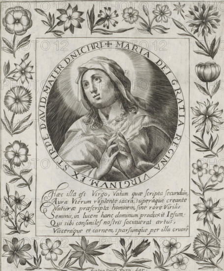 Virgin Mary, Imagini Gentilissime delle dodici Sibille, print, album page, Mary lifts her eyes to heaven and folds her hands. The image is enclosed in a medallion with a Latin inscription around the edge. Below the image is a six-line caption in Latin. Surrounded by a frame with flowers. Print is part of an album., number: '60.', printmaker: Pietro Paolo Tozzi, Padua, after print by Crispijn van de Passe (I), after design by Crispijn van de Passe (I), 1601 - 1627, after print by, paper, engraving, gravure, height 207 mm x width 172 mm, flowers, Mary (without the Christ-child), A monochrome engraved image showing a central oval portrait of a woman wearing a headscarf and draped clothing, her hands clasped in a prayerful gesture and her gaze directed upward, surrounded by radiating lines inside the oval; the portrait is set within a rectangular frame that is bordered on all sides with decorative floral illustrations of various stylized flowers and leaves, arranged along the margins and c...