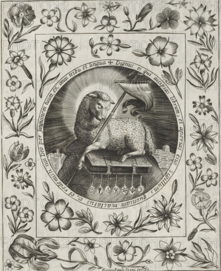 Lamb of God on the Book with the Seven Seals, Imagini Gentilissime delle dodici Sibille, print, album page, The Lamb of God, symbol of Christ, lies on the Book with the Seven Seals (Rev. 5) and holds a crusader banner. In the background, a view of the heavenly Jerusalem. The depiction is enclosed in a medallion with a Latin inscription around the edge. Surrounded by a floral frame. Print is part of an album., number: '61.', printmaker: Pietro Paolo Tozzi, Padua, after print by Crispijn van de Passe (I), after design by Crispijn van de Passe (I), 1601 - 1627, after print by, paper, engraving, gravure, height 208 mm x width 167 mm, lamb bearing cross or banner, 'Agnus Dei', the book with the seven seals enthroned, Revelation of John, A central oval contains a reclining lamb facing left with its head turned toward its back, resting one front leg on a book and holding a staff with a draped banner; radiating lines form a halo behind the lamb and a stylized cityscape appears beneath the book...
