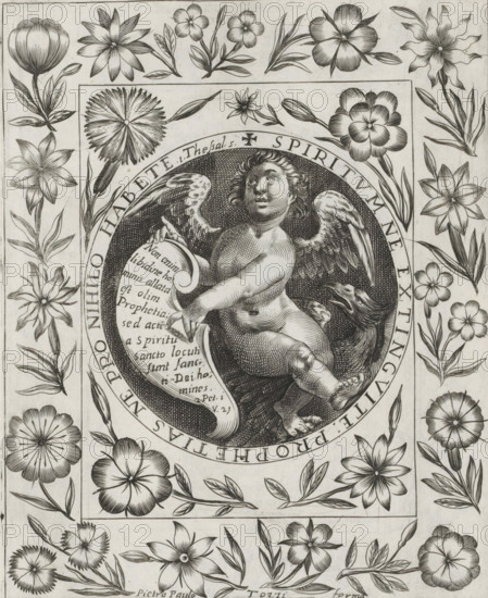 Angel with banner, Imagini Gentilissime delle dodici Sibille, print, album page, An angel pointing to a banner with a Bible quote in Latin from 2 Peter 1:21. In the background, an eagle. The image is enclosed in a medallion with a border inscription containing a text from 1 Thessalonians 5:19-20 in Latin. Surrounded by a floral frame. Print is part of an album., number: '62.', printmaker: Pietro Paolo Tozzi, Padua, after print by Crispijn van de Passe (I), after design by Crispijn van de Passe (I), 1601 - 1627, after print by, paper, engraving, gravure, height 208 mm x width 167 mm, predatory birds: eagle, lamb bearing cross or banner, 'Agnus Dei', symbol of Christ, angel(s) with book(-scroll) or banderole, A central circular medallion contains a winged cherubic figure seated with one leg bent and the other extended, holding a scroll; the cherub has curled hair, a rounded face, and detailed feathered wings, and near it an eagle-like bird with an open beak is visible. Surrounding the me...