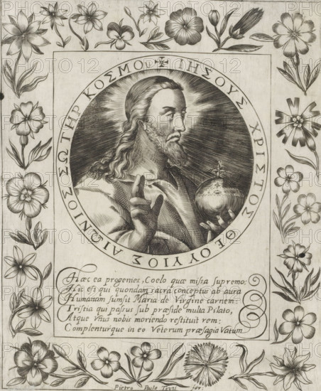 Christ as Salvator Mundi, Imagini Gentilissime delle dodici Sibille, print, album page, Christus als Salvator Mundi. He makes a blessing gesture and holds an orb with a cross on it in his hand. The image is enclosed in a medallion with an inscription in Greek around the edge. Below the image is a six-line verse in Latin. Surrounded by a frame with flowers. Print is part of an album., number: '59.', printmaker: Pietro Paolo Tozzi, Padua, after print by Crispijn van de Passe (I), after design by Crispijn van de Passe (I), 1601 - 1627, after print by, paper, engraving, gravure, height 207 mm x width 170 mm, 'Salvator Mundi', making a blessing gesture, an orb in his hand or at his feet, lamb bearing cross or banner, 'Agnus Dei', symbol of Christ, A detailed black and white engraved image shows a framed circular portrait of a bearded man with long wavy hair and a radiant halo behind his head, holding an orb topped with a small cross in one hand while the other hand is raised with two finger...