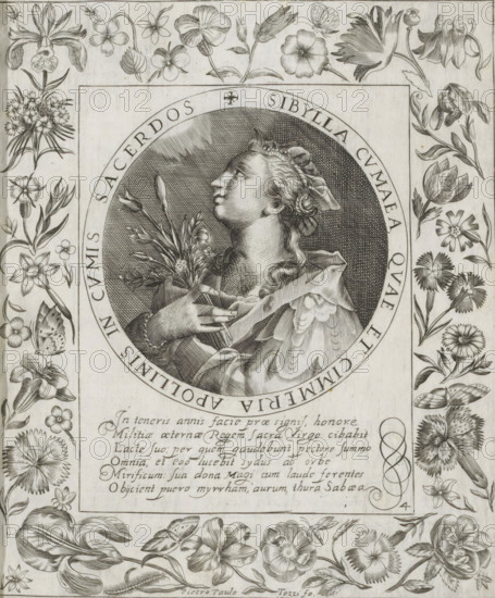 Sibyl of Cumae, Gentle Images of the Domini Sibyl, print, album page, Series number, 4, 12, Bust of the Sibyl of Cumae. In her hands she holds a bouquet of flowers. The image is enclosed in a medallion with a Latin inscription around the edge. Below the image is a six-line caption in Latin. Surrounded by a frame with flowers. Print is part of an album., number: '52', printmaker: Pietro Paolo Tozzi, Padua, after print by Crispijn van de Passe (I), after design by Crispijn van de Passe (I), 1601 - 1627, after print by, paper, engraving, height 204 mm x width 173 mm, flowers, Cumaean sibyl, A detailed black and white engraved image shows a circular portrait of a person in profile looking upward, surrounded by a wide ring and a rectangular frame; the figure wears a draped garment and a headpiece with curled hair and holds a small bouquet of flowers near the chest. The surrounding border is decorated with various botanical illustrations including stylized blossoms, buds, leaves, and tendril...