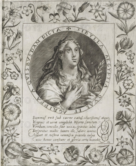 Egyptian Sibyl, Imagini Gentilissime delle dodici Sibille, print, album page, Series number, 11, 12, Bust of the Egyptian Sibyl. In her left hand she holds an olive branch and her right hand is held against her chest. The depiction is enclosed in a medallion with a Latin inscription around the edge. Below the depiction is a six-line caption in Latin. Surrounded by a floral border. Print is part of an album., number: '57', printmaker: Pietro Paolo Tozzi, Padua, after print by Crispijn van de Passe (I), after design by Crispijn van de Passe (I), 1601 - 1627, after print by, paper, engraving, height 208 mm x width 172 mm, flowers, sibyls (with NAME), A detailed black and white engraved image shows a central oval portrait of a woman looking upward with long wavy hair, a head covering, and a draped garment, her hands crossing her chest and holding a sprig of leaves; the portrait is surrounded by a circular band and set within a rectangular frame decorated with an ornate floral border featur...