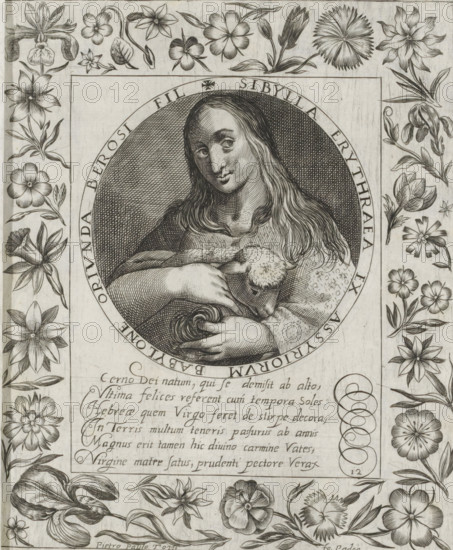 Sibille of Erythrae, Imagini Gentilissime delle dodici Sibille, print, album page, Series number, 12, Bust of the Sibyl of Erythrae. In her arms she holds a lamb. The depiction is enclosed in a medallion with a Latin inscription around the edge. Below the depiction is a six-line caption in Latin. Surrounded by a floral border. Print is part of an album., number: '58', printmaker: Pietro Paolo Tozzi, Padua, after print by Crispijn van de Passe (I), after design by Crispijn van de Passe (I), 1601 - 1627, after print by, paper, engraving, height 207 mm x width 171 mm, flowers, Erythraean sibyl, A central oval portrait shows a long-haired woman gazing slightly to one side, her hands holding a small lamb against her chest, the portrait rendered with fine crosshatching and surrounded by a circular frame; the circular frame is set within a rectangular panel bordered on all sides by detailed floral illustrations featuring a variety of stylized blossoms and leaves; beneath the portrait panel is...