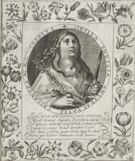 Phrygian Sibyl, Imagini Gentilissime delle dodici Sibille, print, album page, Series number, 12, Bust of the Phrygian Sibyl. In her right hand she holds an olive branch and in her left hand a sword. The depiction is enclosed in a medallion with a Latin inscription around the edge. Below the depiction is a six-line caption in Latin. Surrounded by a frame with flowers, including columbine. Print is part of an album., number: '54', printmaker: Pietro Paolo Tozzi, Padua, after print by Crispijn van de Passe (I), after design by Crispijn van de Passe (I), 1601 - 1627, after print by, paper, engraving, height 206 mm x width 171 mm, flowers, sibyls (with NAME), A detailed black and white engraved portrait shows a woman with long wavy hair framed by an oval border, holding a palm branch in one hand and a sword in the other, her gaze directed upward; the oval is set within a rectangular panel that is surrounded by decorative floral borders featuring various stylized flowers, buds, and leaves ar...