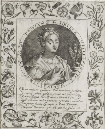 Hellespontine Sibyl, Imagini Gentilissime delle dodici Sibille, print, album page, Series number, 7, 12, Bust of the Hellespontine Sibyl. In her left hand she holds three ears of corn and in her right hand a book. The depiction is enclosed in a medallion with a Latin inscription around the edge. Below the depiction is a six-line caption in Latin. Surrounded by a frame with flowers, including an iris and a narcissus. Print is part of an album., number: '53', printmaker: Pietro Paolo Tozzi, Padua, after print by Crispijn van de Passe (I), after design by Crispijn van de Passe (I), 1601 - 1627, after print by, paper, engraving, height 208 mm x width 171 mm, flowers, sibyls (with NAME), A detailed engraved portrait of a woman shown inside a circular frame, her hair styled and braided, her eyes lowered and a gentle expression on her face, one hand clutching drapery at her chest and the other holding a sheaf of grain; the circular frame is surrounded by an ornate border filled with various b...