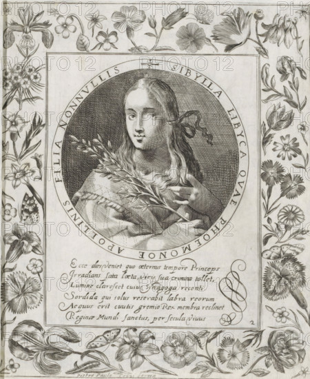 Libyan Sibyl, Imagini Gentilissime delle dodici Sibille, print, album page, Series number, 2, 12, Bust of the Libyan Sibyl. In her right hand she holds an olive branch. The depiction is enclosed in a medallion with a Latin inscription around the edge. Below the depiction is a six-line caption in Latin. Surrounded by a frame with flowers, including an iris and columbine. Print is part of an album., number: '48', printmaker: Pietro Paolo Tozzi, Padua, after print by Crispijn van de Passe (I), after design by Crispijn van de Passe (I), 1601 - 1627, after print by, paper, engraving, height 207 mm x width 173 mm, flowers, sibyls (with NAME), A detailed engraved portrait of a young person shown from the chest up within an oval medallion, with long hair tied at one side and holding a sprig of foliage across the front; the face and clothing are rendered with fine crosshatching and stippling against a densely textured background inside the oval. The oval is set within a rectangular frame that i...