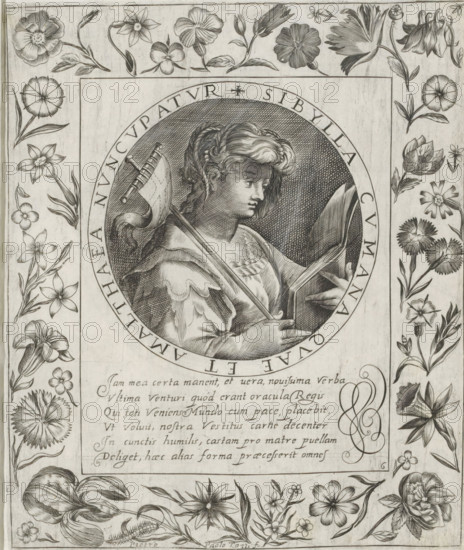 Cimmerian Sibyl, Imagini Gentilissime delle dodici Sibille, print, album page, Series number, 6, 12, Bust of the Cimmerian Sibyl, reading a book. In her right hand she holds a crusader banner. The depiction is enclosed in a medallion with a Latin inscription around the edge. Below the depiction is a six-line caption in Latin. Surrounded by a frame with flowers, including an iris and columbine. Print is part of an album., number: '52.', printmaker: Pietro Paolo Tozzi, Padua, after print by Crispijn van de Passe (I), after design by Crispijn van de Passe (I), 1601 - 1627, after print by, paper, engraving, gravure, height 207 mm x width 171 mm, flowers, sibyls (with NAME), A detailed black and white engraving shows a central circular portrait of a young person with wavy hair looking downward while holding an open book and a staff topped with a flag; the portrait is rimmed by an inscribed band. The portrait and band sit inside a rectangular panel that is surrounded by a decorative floral b...