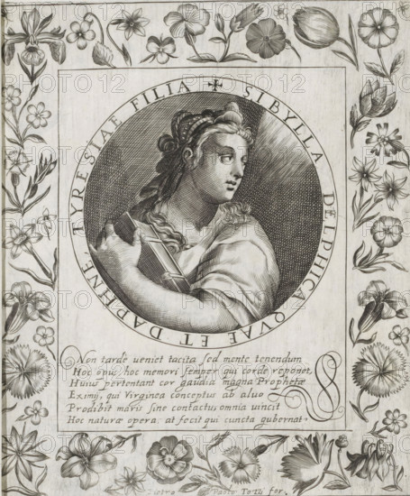 Delfische Sibyl, Imagini Gentilissime delle dodici Sibille, print, album page, Series number, 6, 12, Bust of the Delphische Sibyl. In her left hand she holds a book. She looks back over her shoulder at the light. The image is enclosed in a medallion with a Latin inscription around the edge. Below the image is a six-line caption in Latin. Surrounded by a floral frame. Print is part of an album., number: '49.', printmaker: Pietro Paolo Tozzi, Padua, after print by Crispijn van de Passe (I), after design by Crispijn van de Passe (I), 1601 - 1627, after print by, paper, engraving, gravure, height 207 mm x width 173 mm, flowers, sibyls (with NAME), A detailed black and white engraved image shows a framed oval portrait of a woman turned slightly to the side, holding a rectangular object close to her chest; she has wavy hair pulled back with a headband and wears draped clothing. The oval portrait is surrounded by a circular band and a rectangular border, and the surrounding margins are filled...