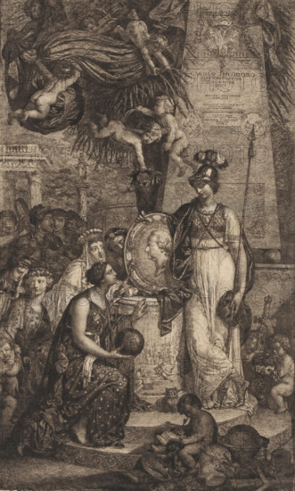 Arts and sciences pay homage to Charles Theodore, Duke of Bavaria, print, Personifications of the arts are gathered around Minerva, who holds the likeness of Fratrels' benefactor, Elector Charles Theodor of the Palatinate (1724-1799). They are accompanied by putti carrying the attributes of the arts, the symbols of rule (bottom right) and laurel wreaths. PROTOTYPON, ALTITUDINIS III PEDUM OBSERVATUR??, ACADEMIAE SCIENTIARUM, PALATINAE, LYCAEO', caption: 'ORDB CAROLUS THEODORUS COMES PAL', number: '36', printmaker: Joseph I Fratrel, 1779, materials by function, paper, ink, etching, roulette, intaglio printmaking technique, pen, roulette and plate tone in a frame with pen in black, height 433 mm x width 261 mm x height 477 mm x width 308 mm, Person, Karel Theodoor (Elector Palatine and Bavaria), historical persons, Minerva as patroness, 'Artes Liberales' versus 'Artes Vulgares', A densely detailed monochrome scene shows a group of figures arranged around a central column topped by a frame...