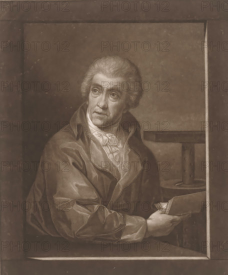 Portrait of Johann Martin Fischer, print, printmaker: Kilian Pornheimer the Younger, Germany, after painting by Hubert Maurer, after 1815 - before c. 1850, paper, mezzotint, height 331 mm x width 245 mm, Person, Johann Martin Fischer, portrait, self-portrait of artist, A monochrome portrait of an older man shown from the waist up, seated and turned slightly to his left, wearing a loose, draped coat over a high-collared shirt with a tied neck cloth, his hair light and styled away from his face; he holds an open book or rectangular object in his hands resting near a round, flat-topped stand, and the background is plain and framed by a darker border.
