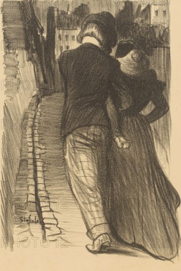 Arm-armed walking couple seen from the back, print, inscription, printmaker: Théophile Alexandre Steinlen, 1881 - 1923, paper, tone lithography, tone lithography in black with tone block in beige, height 327 mm x width 251 mm, couple of lovers, A charcoal drawing shows two figures walking away from the viewer along a narrow path between buildings, the taller figure wearing a dark jacket and a hat and the shorter figure wearing a dark dress and a head covering; the taller figure has one arm around the shorter figure and the other arm hanging down, while the shorter figure's hand rests at their side. The scene includes textured shading suggesting cobblestones underfoot and vertical building facades at the left and right edges, with darker trees or structures rising in the background and a lighter sky visible above.
