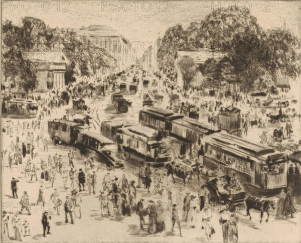 Busy street in Berlin, print, annotation: '...', printmaker: Paul Paeschke (signed by artist), 1885 - 1943, paper, drypoint, roulette, intaglio printmaking technique, height 211 mm x width 262 mm, tram, city-view in general, 'veduta', street, Berlin, A wide street scene rendered in dark, sketchy strokes showing many people walking and standing among rows of boxy streetcars and carriages; the foreground is crowded with figures in varied postures and attire, some grouped and some solitary, while the middle ground features overlapping streetcars aligned along tracks and horse-drawn vehicles, and the background recedes into a long avenue flanked by tall buildings and dense trees, with large tree canopies dominating both sides of the composition.
