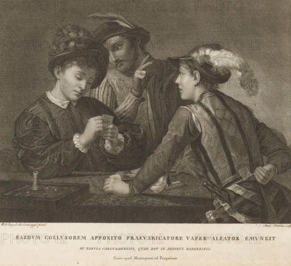 Card players, Bardum Collusorem Apposito Praevaricatore Vafer Aleator Emungit, print, album page, Print is part of an album., printmaker: Pietro Bettelini, after painting by Caravaggio, publisher: Pietro Paulo Montagnani, Rome, 1773 - 1805, paper, engraving, color on edge, engraving printed on album page, gold on edge, height 221 mm x width 321 mm, The compiler printed this print in the album as an illustration by: Pilkington, Matthew and Johann Heinrich Füssli. A dictionary of painters, from the revival of the art to the present period. 4 parts. London: John Crowder, 1805, vol. 1, p. 13., playing-cards, Cheat, Deceit, 'Fraud', 'Inganno' (Ripa), A detailed engraved scene shows three young men seated closely together around a table, each wearing period clothing with ruffled collars and hats; one young man on the left holds a small folded piece of paper and looks down at it with a calm expression, his hat adorned with textured curls, while a central figure behind him leans forward with w...