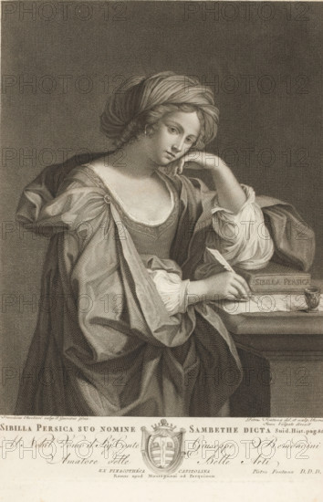Sibyl of the Oracle of Apollo, Sibilla Persica suo nomine Sambethe dicta, Persian Sibyl, print, album page, Print is part of an album., collector's mark: 'GM', printmaker: Pietro Fontana, Rome, after drawing by Pietro Fontana, after design by Guercino, supervision: Giovanni Volpato, publisher: Pietro Paulo Montagnani, dedicated by: Pietro Fontana, dedicated to: Giuseppe Remondini, 1785, Pietro Fontana, Guercino, Giovanni Volpato, Pietro Paulo Montagnani, Giuseppe Remondini, printmaker, after drawing by, after design by, supervision, publisher, paper, engraving, color on cut, engraving printed on album page, gold edge, height 346 mm x width 248 mm, De The compiler has printed this print in the album as an illustration for: Pilkington, Matthew and Johann Heinrich Füssli. A dictionary of painters, from the revival of the art to the present period. 4 vols. London: John Crowder, 1805, vol. 1, p. 31., Persian sibyl, seer, prophet, non-Christian religions - BB - seeress, prophetess, A seated ...