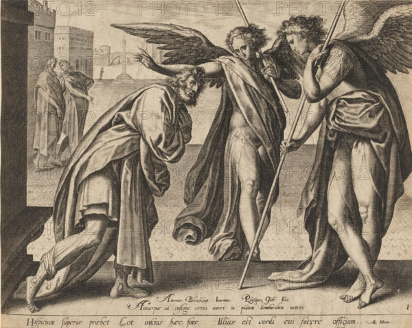 Lot and the Two Angels, print, album page, Lot meets two angels at the city gate of Sodom and offers them a meal and a night's stay in his house. Below the image, a reference in Latin to the Bible text Gen. 19. Numbered: 1. Print is part of an album., printmaker: Philips Galle, Antwerp, after design by Anthonie Blocklandt, 1547 - 1584, Philips Galle, Anthonie Blocklandt, printmaker, after design by, paper, engraving, gravure, pasted on album page, height 221 mm x width 283 mm, The compiler pasted this print into the album as an illustration for: Pilkington, Matthew and Johann Heinrich Füssli. A dictionary of painters, from the revival of the art to the present period. 4 vols. London: John Crowder, 1805, vol. 1, p. 52., Lot and the two angels (Genesis 19:1-23), A monochrome engraving shows three winged figures in flowing drapery standing on a patterned floor, the central figure facing slightly toward the viewer with one arm extended and a wing raised, the figure to the left bent forward...