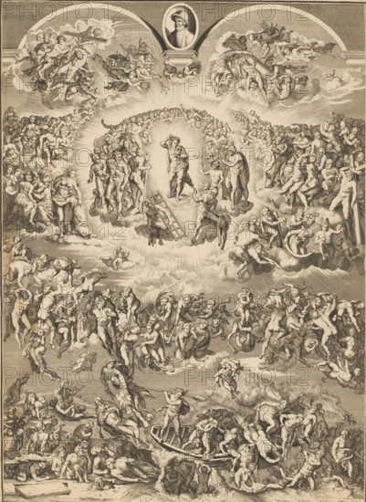 Last Judgment, print, album page, Print is part of an album., after painting by Michelangelo, 1700 - 1800, printmaker, paper, etching, engraving, etching and engraving, pasted onto album page, height 316 mm x width 228 mm, The compiler pasted this print into the album as an illustration for: Pilkington, Matthew and Johann Heinrich Füssli. A dictionary of painters, from the revival of the art to the present period. 4 vols. London: John Crowder, 1805, vol. 1, p. 62., historical persons, portrait, self-portrait of painter, comprehensive representation of Last Judgment: Christ (with sword and lily), often surrounded by elders and sometimes accompanied by Mary and John the Baptist, appears in the sky with trumpeting angels (and sometimes angels holding the instruments of the Passion), after the resurrection of the dead the blessed are led to heaven by angels, and the damned are dragged into hell by devils, A detailed monochrome engraving fills the scene with numerous human figures arranged ...