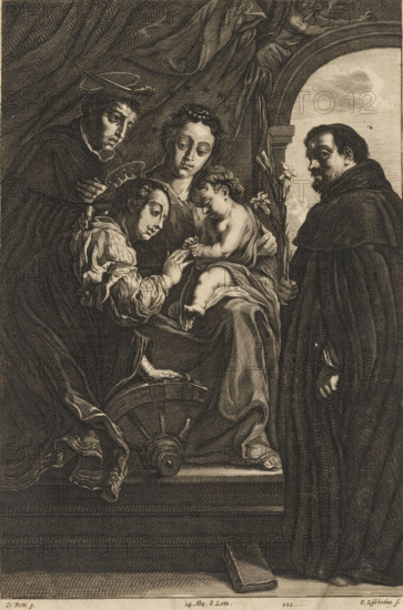 Mystical Marriage of Saint Catherine of Alexandria, print, album page, Present at the marriage are Mary, St. Dominic, and Peter the Martyr. Numbered 222. Print is part of an album., printmaker: Peter van Liesebetten, after painting by Domenico Feti, 1660, paper, engraving, gravure, pasted onto album page, height 313 mm x width 207 mm, Print possibly from: Theatrum Pictorium. Antwerp: David Teniers (II), fig. 222. The compiler pasted this print into the album as an illustration for: Pilkington, Matthew and Johann Heinrich Füssli. A dictionary of painters, from the revival of the art to the present period. 4 parts. London: John Crowder, 1805, vol. 2, p. 185., Dominic(us) Guzman of Calerueja, founder of the Order of Preachers (or Dominican (Black) Friars, possible attributes: book, dog with flaming torch, lily, loaf of bread, rosary, star, the mystic marriage of St. Catherine of Alexandria with the infant Christ: the Christ-child puts a ring on her finger, the Dominican friar Peter Martyr...