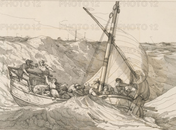 Fishing boat in the waves, print, album page, Print is part of an album., printmaker: Robert Blyth, after painting by John Hamilton Mortimer, publisher: William Richardson, London, 1805, paper, etching, printed on album page, height 252 mm x width 342 mm, The compiler pasted this print into the album as an illustration for: Pilkington, Matthew and Johann Heinrich Füssli. A dictionary of painters, from the revival of the art to the present period. 4 vols. London: John Crowder, vol. 2, p. 350., sailing-ship, sailing-boat, fisherman, storm at sea, A pen-and-ink drawing of a small sailboat pitching on rough waves, showing a mast with rigging and a partially furled sail, a curved bow cutting through foamy water, and turbulent sea lines extending to the horizon. Several people are aboard the boat in various poses, some leaning forward, one at the stern blowing a horn, and others grasping ropes and the rail; clothing and hair are rendered with fine crosshatching. The scene includes churning w...