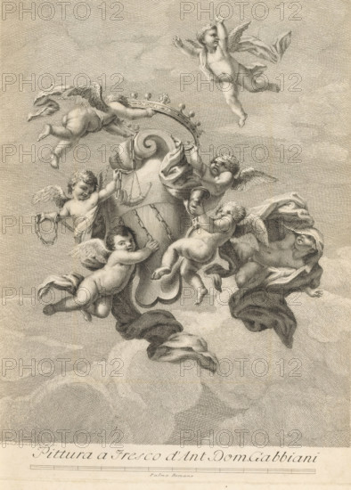 Angels crowning a coat of arms, print, album page, Print is part of an album., printmaker: Lorenzo Lorenzi, after painting by Anton Domenico Gabbiani, 1745 - 1765, paper, engraving, gravure, pasted onto album page, height 385 mm x width 295 mm, The compiler pasted this print into the album as an illustration for: Pilkington, Matthew and Johann Heinrich Füssli. A dictionary of painters, from the revival of the art to the present period. 4 vols. London: John Crowder, 1805, vol. 2, p. 204., armorial bearing, heraldry, Christian religion (angels floating in the air), A detailed engraving shows several winged cherubic figures floating among textured clouds, some holding drapery and ornamental chains, and one reaching toward a decorative curved object adorned with rounded elements, while flowing fabrics and curled architectural motifs surround them.