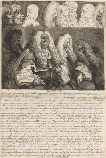 The Bench, Judges, cartoon, print, album page, The central judge is probably John Willes and the sleeping colleague next to him is possibly Henry Bathurst. The other two jurors are possibly William Noel and Edward Clive. Various caricatures are depicted above the judges. Text in English in the bottom margin. Print is part of an album., printmaker, after print by, after painting by, after design by, writer (clerical worker), paper, etching, printed from two plates, pasted onto album page, height 302 mm x width 205 mm, height 188 mm x width 205 mm, height 115 mm x width 205 mm, The compiler included this print in the album as an illustration for: Pilkington, Matthew and Johann Heinrich Füssli. A dictionary of painters, from the revival of the art to the present period. 4 parts. London: John Crowder, 1805, vol. 2, p. 250., magistracy, political caricatures and satires, A detailed monochrome engraving showing a group of men in formal robes and large curled wigs seated closely together, sev...