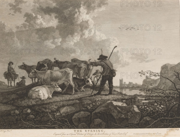 Shepherd drives his cattle, The Evening, print, album page, Print is part of an album., printmaker: François Vivares, after painting by Aelbert Cuyp, 1760, paper, color on edge, engraving, etching, engraving and etching printed on album page, gold on edge, height 281 mm x width 372 mm, Pendant of 'The Morning', another painting by Aelbert Cuyp engraved by François Vivares. The compiler included this print in the album as an illustration for: Pilkington, Matthew and Johann Heinrich Füssli. A dictionary of painters, from the revival of the art to the present period. 4 parts. London: John Crowder, 1805, vol. 2, p. 279., herding, herdsman, herdswoman, shepherd, shepherdess, cowherd, cattle, evening, A monochrome landscape scene shows a group of cattle and figures on a grassy, rocky shore by a calm body of water, with clouds filling much of the sky and a small flock of birds in flight; several cows stand or lie on the ground in varied poses, one close to the foreground resting, others clust...
