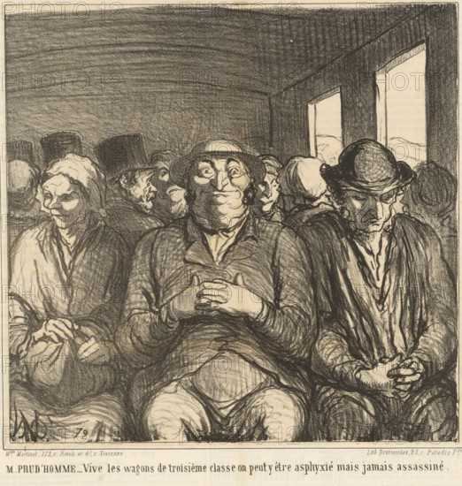 People side by side in a train carriage, M. Prud'homme - Vive les wagons de troisième classe, Traveling by train, En chemin de fer, cartoon, print, Series number, 4, 6, printmaker: Honoré Daumier, printer (person): Destouches, Paris, publisher: Martinet, 1864-08-30, Honoré Daumier, Destouches, Martinet, printmaker, printer (person), publisher, paper, lithography, letterpress printing, lithography with letterpress text on verso, height 290 mm x width 288 mm, A crowded charcoal drawing of seated people filling the frame, showing a central rotund man with a round hat and clasped hands, flanked by solemn and tired faces wearing various hats and headscarves; the figures are closely packed with layered clothing rendered in heavy, textured strokes, and two bright window panes appear behind them on the right letting in pale light against a dark, shaded interior.
