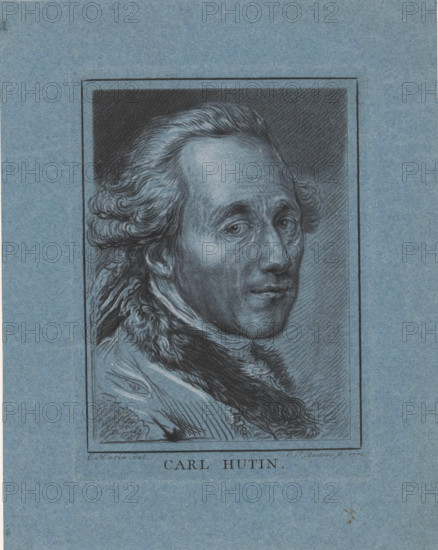 Portrait of Charles Francois Hutin, print, Bust facing right. Print after a drawn self-portrait. The French Rococo artist Charles Francois Hutin (1715-1776) received his training at the Académie Royale under Francois Lemoine. After his studies, he left for Rome with his father, where, on the advice of Jean-Francois de Troy, the new director of the French Academy, he began sculpting. In 1742, he returned to Paris. In 1744 he was accepted as a sculptor at the Académie Royale., printmaker: Christian Friedrich Boëtius, Dresden, after drawing by Charles François Hutin, 1771, Saxony, paper, print drawing, crayon manner, Hogen, crayon manner in black on blue paper, heightened with white, height 176 mm x width 128 mm, Person, historical persons, portrait, self-portrait of artist, A framed monochrome portrait drawn on blue paper showing a three-quarter view of an older man with wavy, swept-back hair and a high forehead, his face rendered with fine shading and detailed lines around the eyes, nos...
