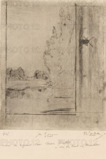 Landscape with water and trees and landscape with windmills, Environs de Breda (original title), print, annotation: 'after a watercolor by Mrs. Zubli, -at the Brink of ...', printmaker: Philip Zilcken (signed by artist), after drawing by Maria Zubli-van den Berch van Heemstede (signed by artist), 1890 - 1930, paper, drypoint, intaglio printmaking technique, height 170 mm x width 140 mm, windmill in landscape, trees, brook, Breda, A faint, sepia-toned sketch showing a horizontal composition with a pale background and darker pencil or ink lines forming a rectangular framed area; within the framed area there is a suggestion of a shoreline with loose, vertical and diagonal hatch marks indicating clumps of vegetation and tree shapes along the left edge and center, while the right side features a narrow vertical strip with denser cross-hatching and a small windmill silhouette with two visible sails; the lower portion of the framed area contains subtle horizontal strokes and smudges suggestin...