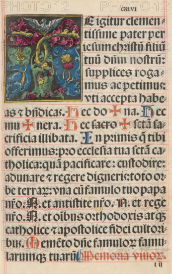 Initial T (Zahltafel) with owl and border decoration of grapes and leaf motifs, print, album page, Print from Missal Pataviense, 1503., printmaker: Jörg Breu (I), publisher: Johannes Winterburger, Vienna, c. 1495 - before 1503-05-25, Lower Austria, biological material, parchment (animal material), woodcut, hand coloring, height 82 mm x width 75 mm, owls, initial, A rectangular page with dense blackletter writing in horizontal lines framed by faint red guide lines, featuring a colorful illuminated square in the upper left showing stylized organic shapes in bright green, blue, pink, and yellow with a bird with spread wings at the top of the square; several ornamental initials in red and blue appear among the text, and the parchment shows slight age toning and small stains.