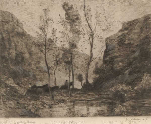 Mountain landscape with lake and horsemen, Les contrebandiers (original title), print, printmaker: Philip Zilcken (signed by artist), after drawing by Camille Corot (signed by artist), 1890 - 1930, inorganic material, paper, chalk, etching, drypoint, soft-ground etching, intaglio printmaking technique, drypoint and varnish mou, with plate tone, edited with white chalk, height 160 mm x width 211 mm, riding a horse, ass, or mule, rider, horseman, mountains, smuggler, A monochrome landscape sketch showing tall slender trees with sparse foliage rising from a dark foreground, flanked by steep rock faces on both sides that slope upward and inward, while textured crosshatched shading fills the sky and rocky surfaces; a shallow reflective body of water runs across the lower portion, with indistinct dark forms near the left bank that resemble animals and a faint human figure among them, and varied pencil strokes create subtle contrasts and smudged areas throughout the scene.