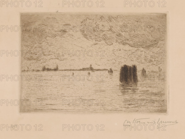 View of the Venice Lagoon with mooring post, print, number: '298', printmaker: Carel Nicolaas Storm van 's-Gravesande (signed by artist), 1887 - 1903, Carel Nicolaas Storm van 's-Gravesande, paper, drypoint, etching, intaglio printmaking technique, height 110 mm x width 160 mm, Possibly mentioned in: Storm van 's-Gravesande, Charles. Catalogue des eaux-fortes et lithographies. New York: sn, 1903, or in an unknown later edition of the manuscript. Presumably listed as catalogue number 298., prospect of city, town panorama, silhouette of city, haff, lagoon created by sand, shingle bank, coast, Venetian Lagoon, A bordered rectangular etching with a grainy texture shows a wide horizontal scene dominated by a cloudy sky rendered with curved, parallel hatch marks above a calm body of water with horizontal striations; near the center right a dark, vertical cluster of closely spaced lines rises from the water with its reflection beneath, and faint, low silhouettes of distant structures and thin...